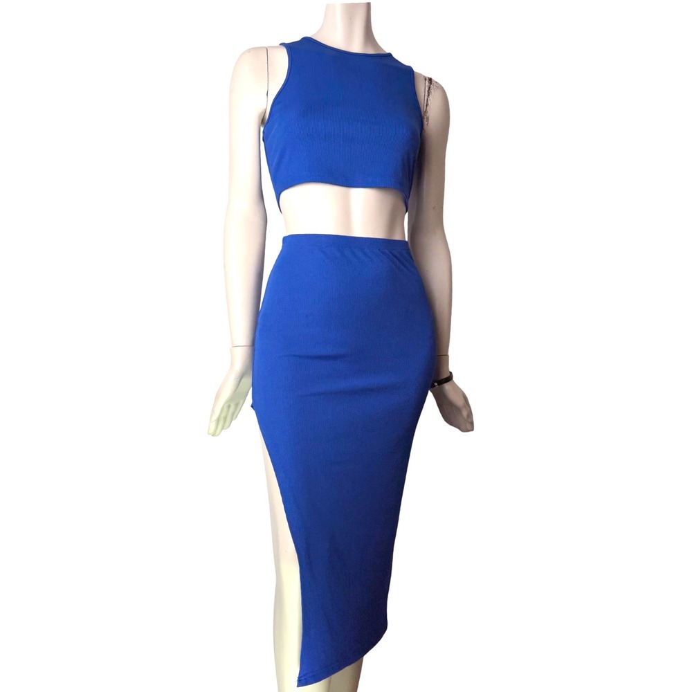 Blue BodyCon Midi Skirt Crop Top Set Ribbed Knit Side Slit Royal Blue Dopamine M